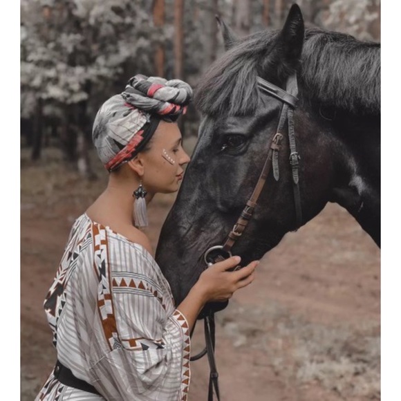 Boho Aztec Tribal Cream Tan & Black Kimono Beach Coverup Duster - Picture 4 of 16